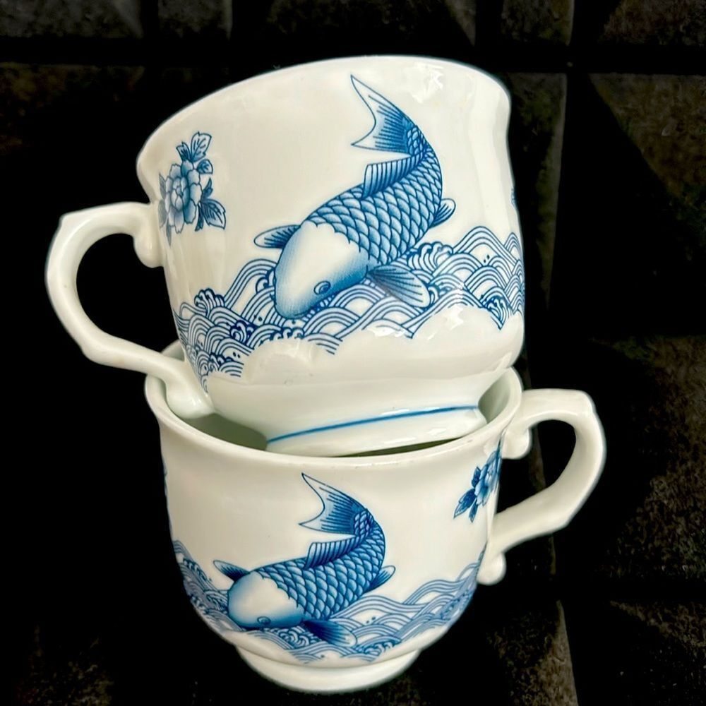 Koi Fish ceramic Coffee Mugs 2pc 6 oz Chinoiserie Blue & White